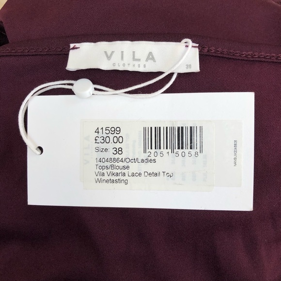 VILA Womens Winetasting Vikarla Lace Detail Top - Picture 5 of 8